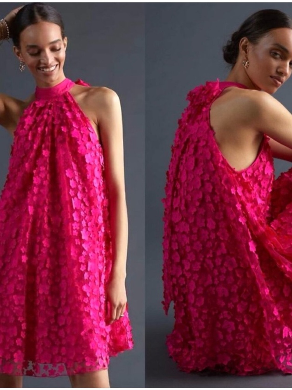 Anthropologie/Eva Franco Hot Pink Floral Appliqué Halter Dress Size 12